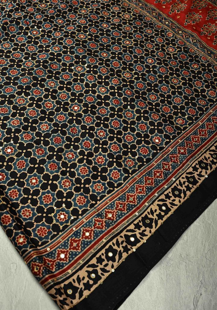 Black Ajrakh Hand Block Print on Modal Silk Saree with Aari-Mirror Work and Red Pallu