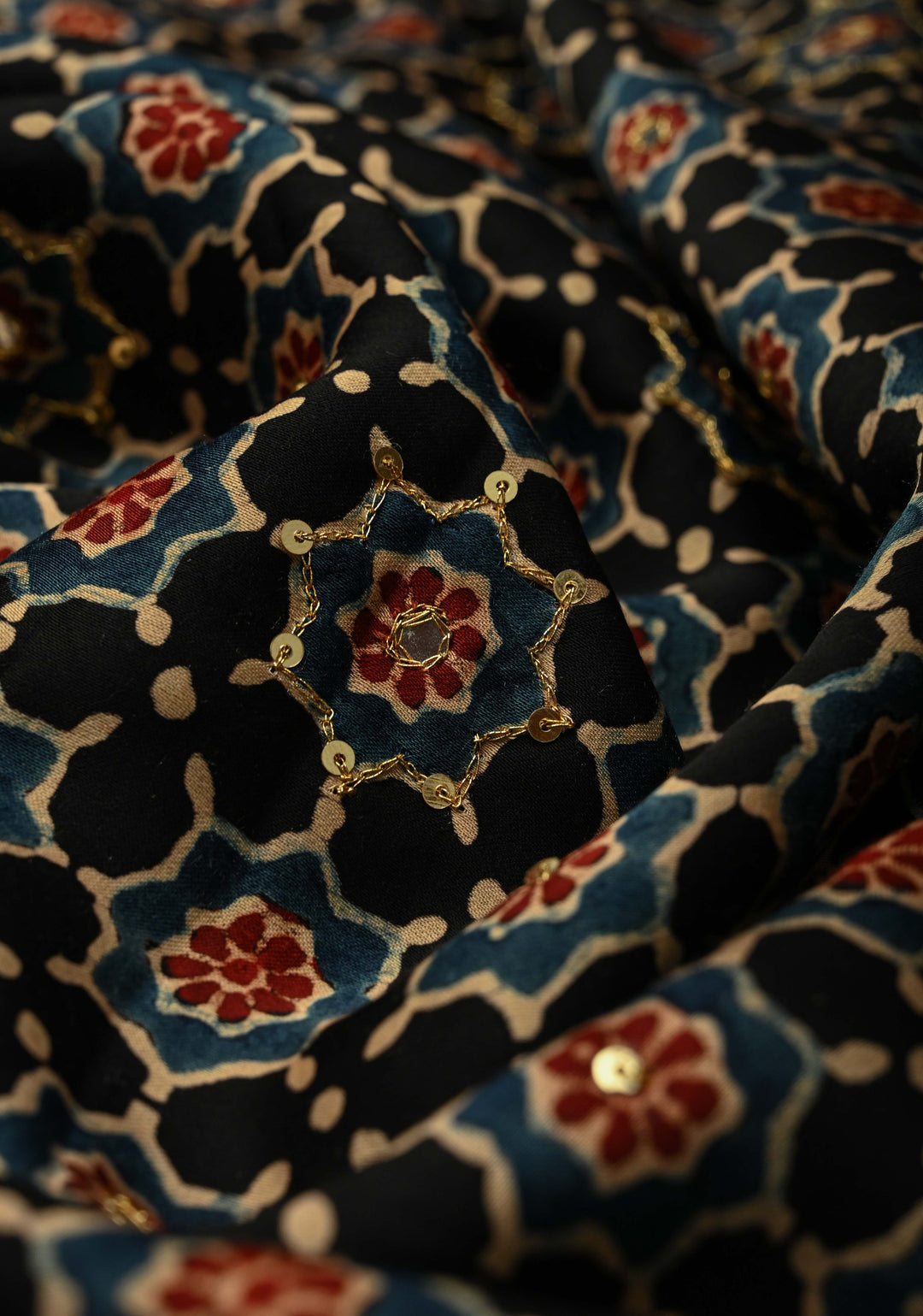 Black Ajrakh Hand Block Print on Modal Silk Saree with Aari-Mirror Work and Red Pallu