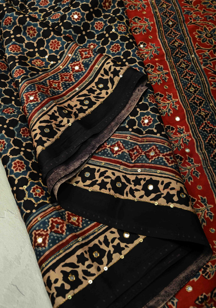 Black Ajrakh Hand Block Print on Modal Silk Saree with Aari-Mirror Work and Red Pallu