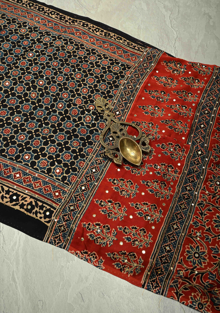 Black Ajrakh Hand Block Print on Modal Silk Saree with Aari-Mirror Work and Red Pallu
