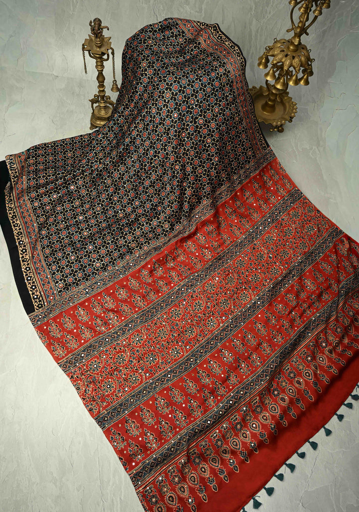 Black Ajrakh Hand Block Print on Modal Silk Saree with Aari-Mirror Work and Red Pallu
