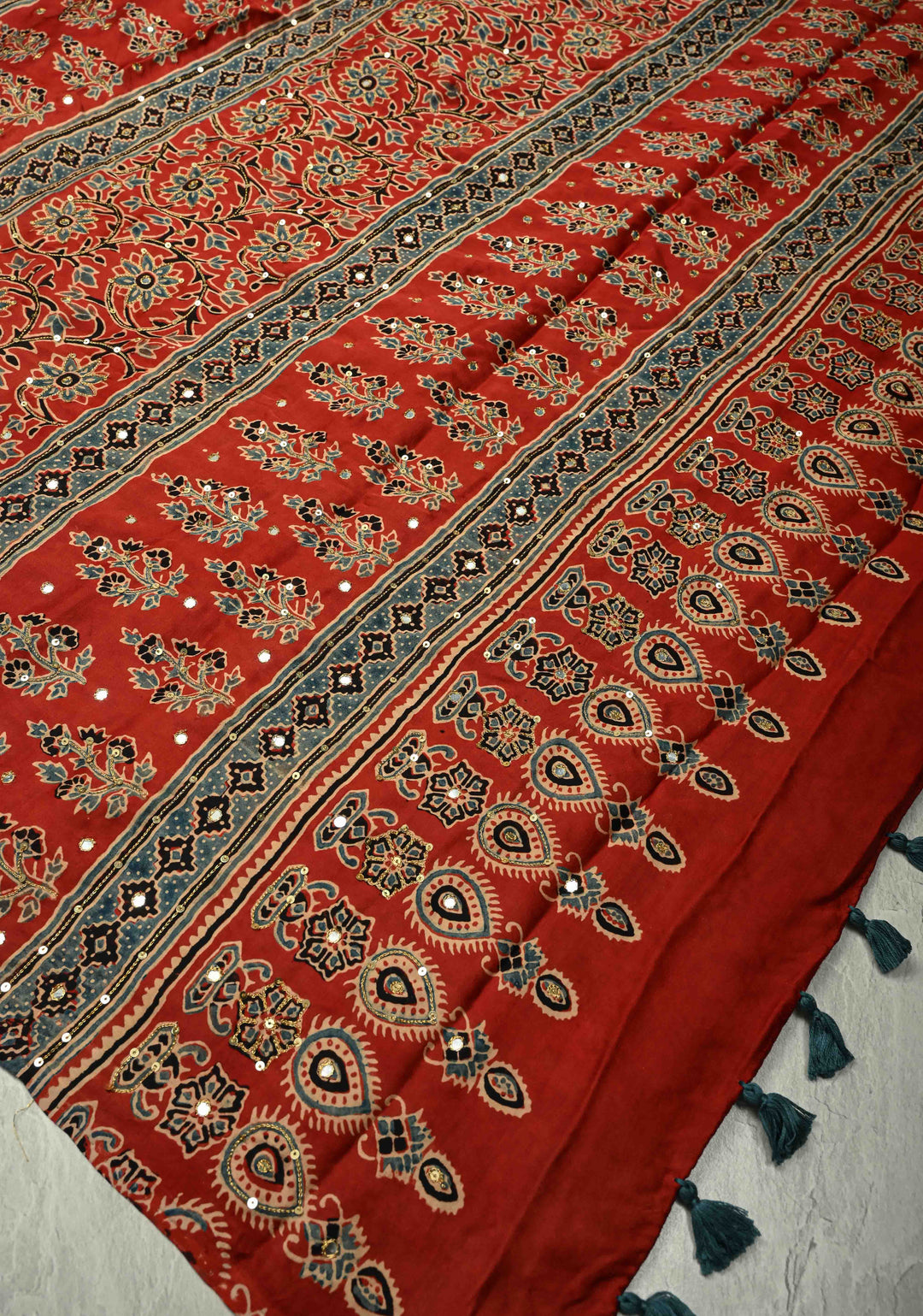 Blue Ajrakh Hand Block Print on Modal Silk Saree with Aari-Mirror Work and Red Pallu