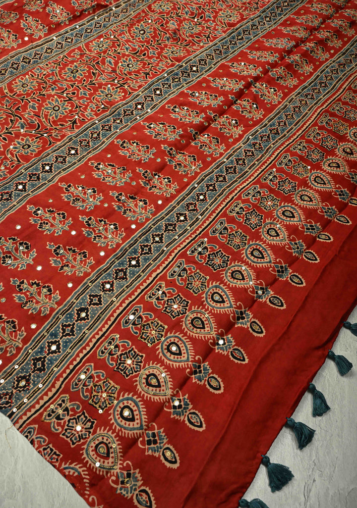 Blue Ajrakh Hand Block Print on Modal Silk Saree with Aari-Mirror Work and Red Pallu