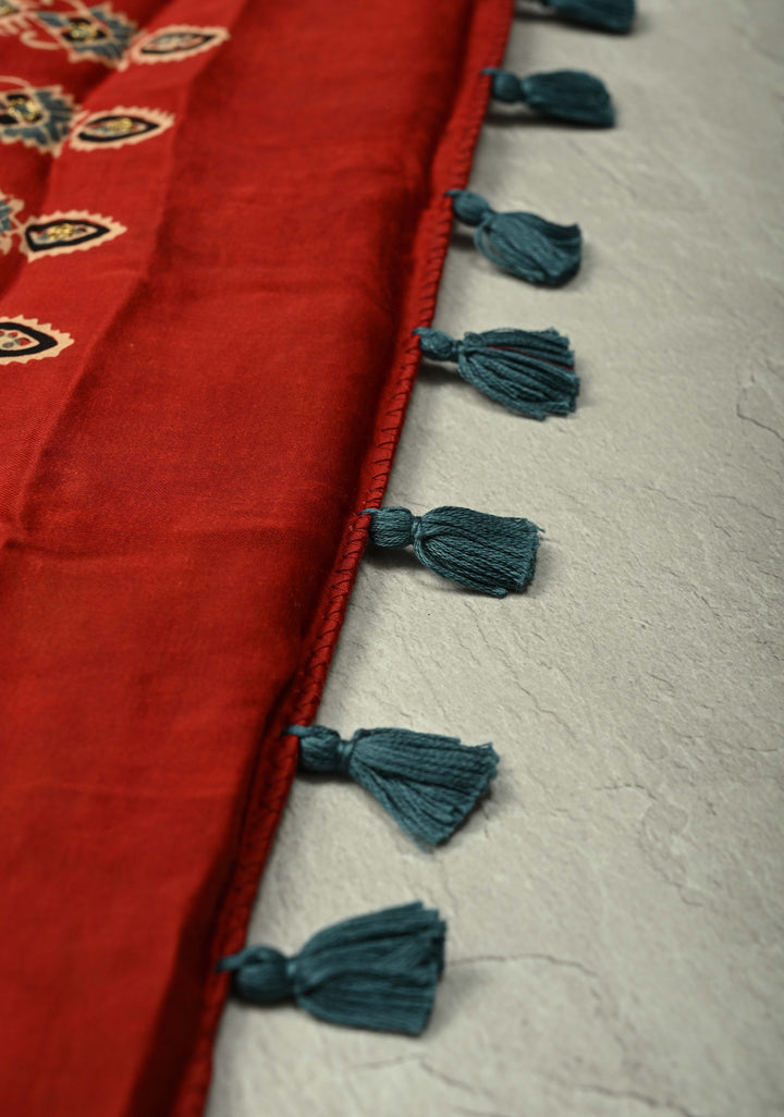 Blue Ajrakh Hand Block Print on Modal Silk Saree with Aari-Mirror Work and Red Pallu