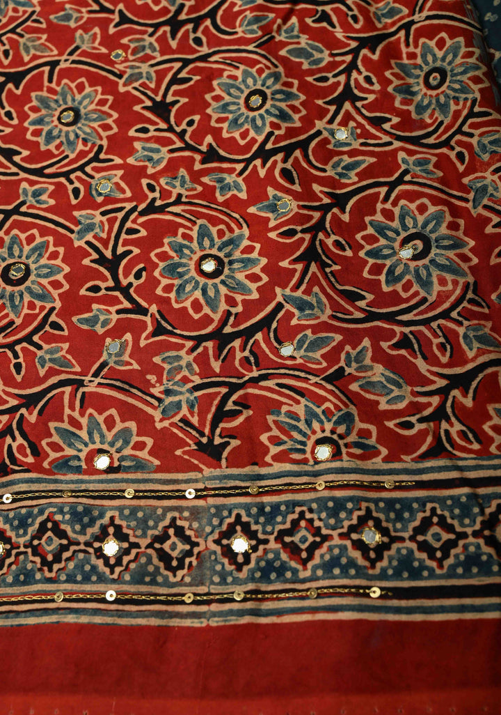 Blue Ajrakh Hand Block Print on Modal Silk Saree with Aari-Mirror Work and Red Pallu