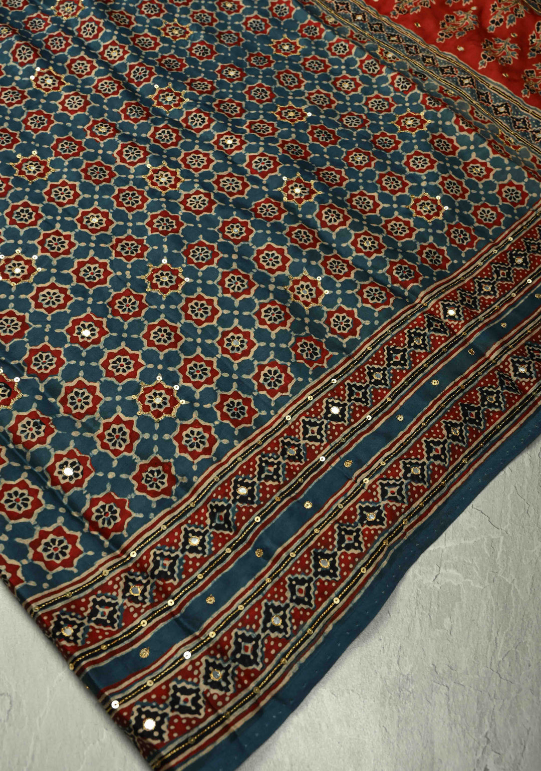 Blue Ajrakh Hand Block Print on Modal Silk Saree with Aari-Mirror Work and Red Pallu