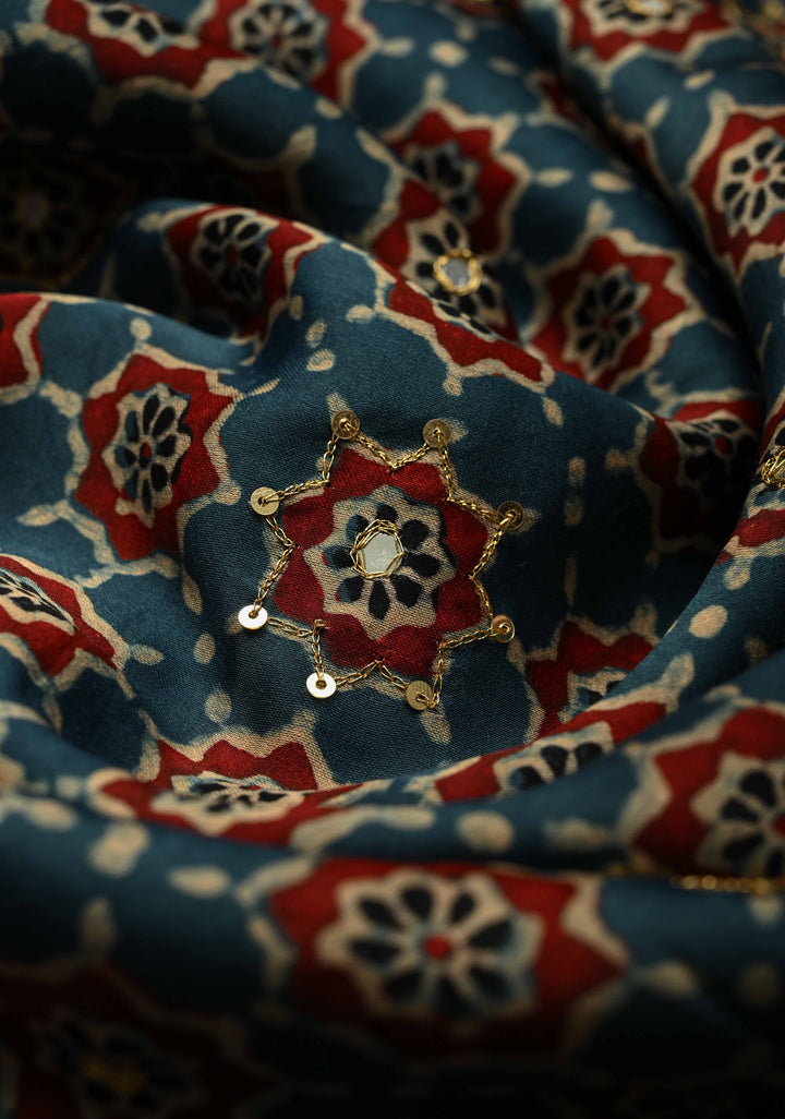 Blue Ajrakh Hand Block Print on Modal Silk Saree with Aari-Mirror Work and Red Pallu