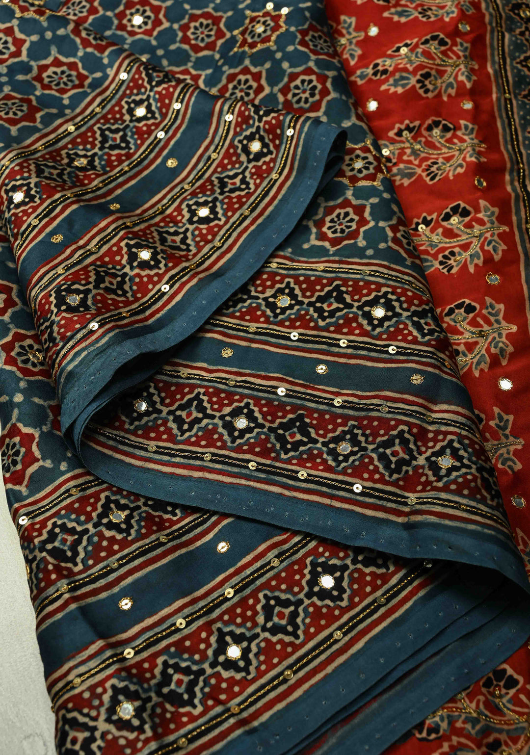 Blue Ajrakh Hand Block Print on Modal Silk Saree with Aari-Mirror Work and Red Pallu