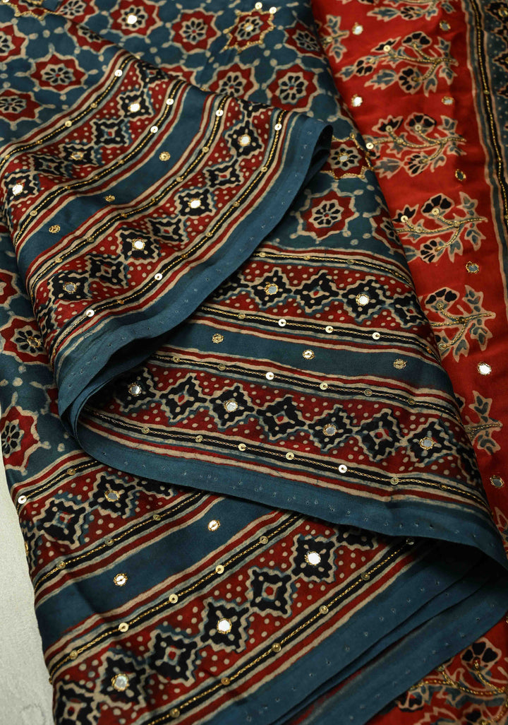 Blue Ajrakh Hand Block Print on Modal Silk Saree with Aari-Mirror Work and Red Pallu