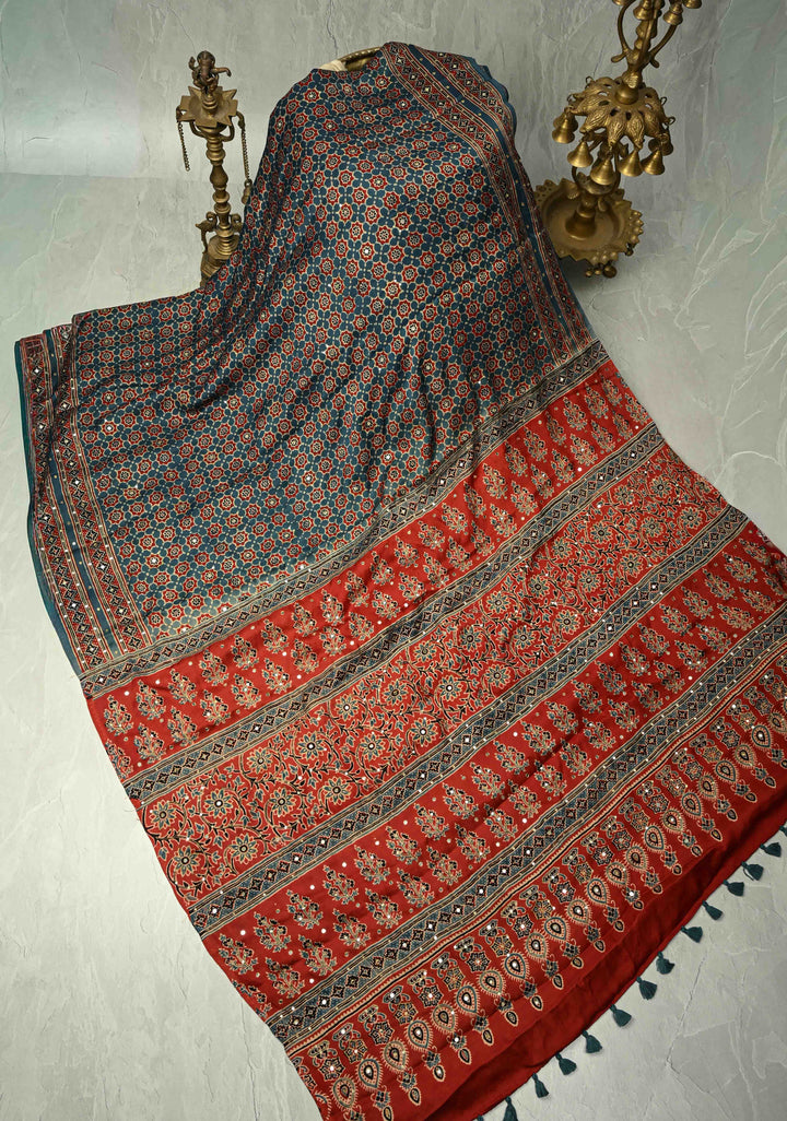 Blue Ajrakh Hand Block Print on Modal Silk Saree with Aari-Mirror Work and Red Pallu