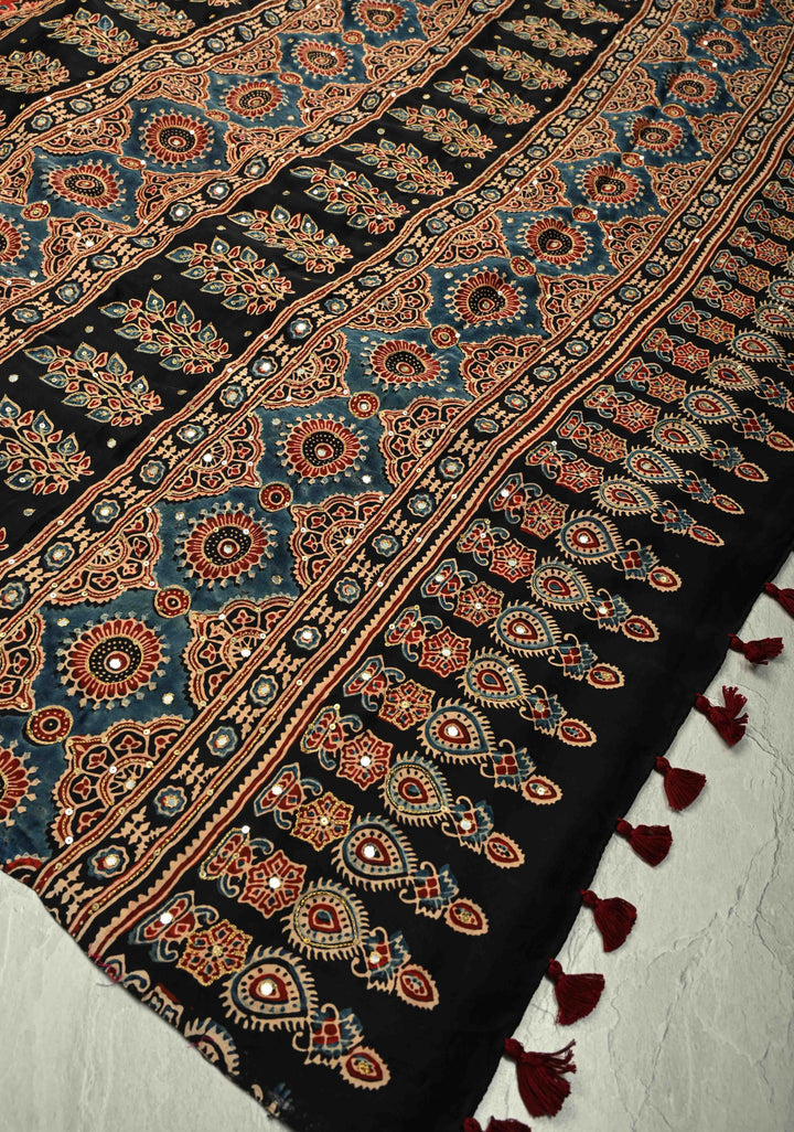 Red Ajrakh Hand Block Print in Red Modal Silk Saree with Aari-Mirror Work and Black Pallu