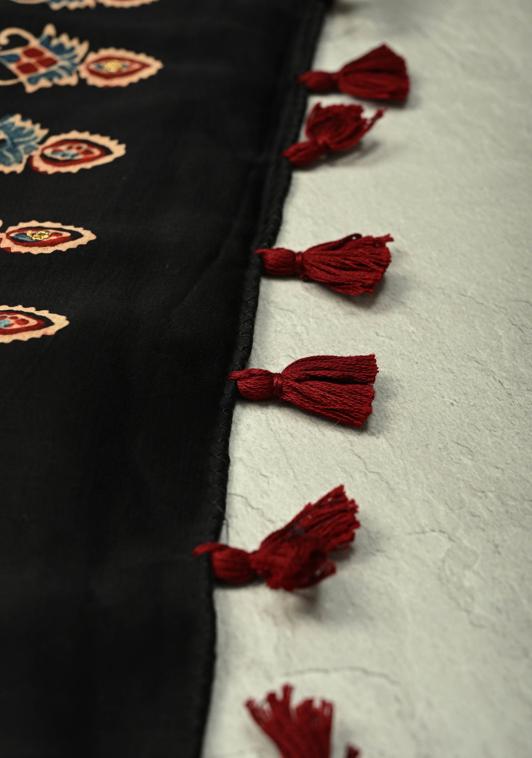 Red Ajrakh Hand Block Print in Red Modal Silk Saree with Aari-Mirror Work and Black Pallu