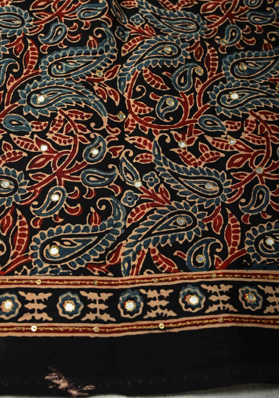 Red Ajrakh Hand Block Print in Red Modal Silk Saree with Aari-Mirror Work and Black Pallu