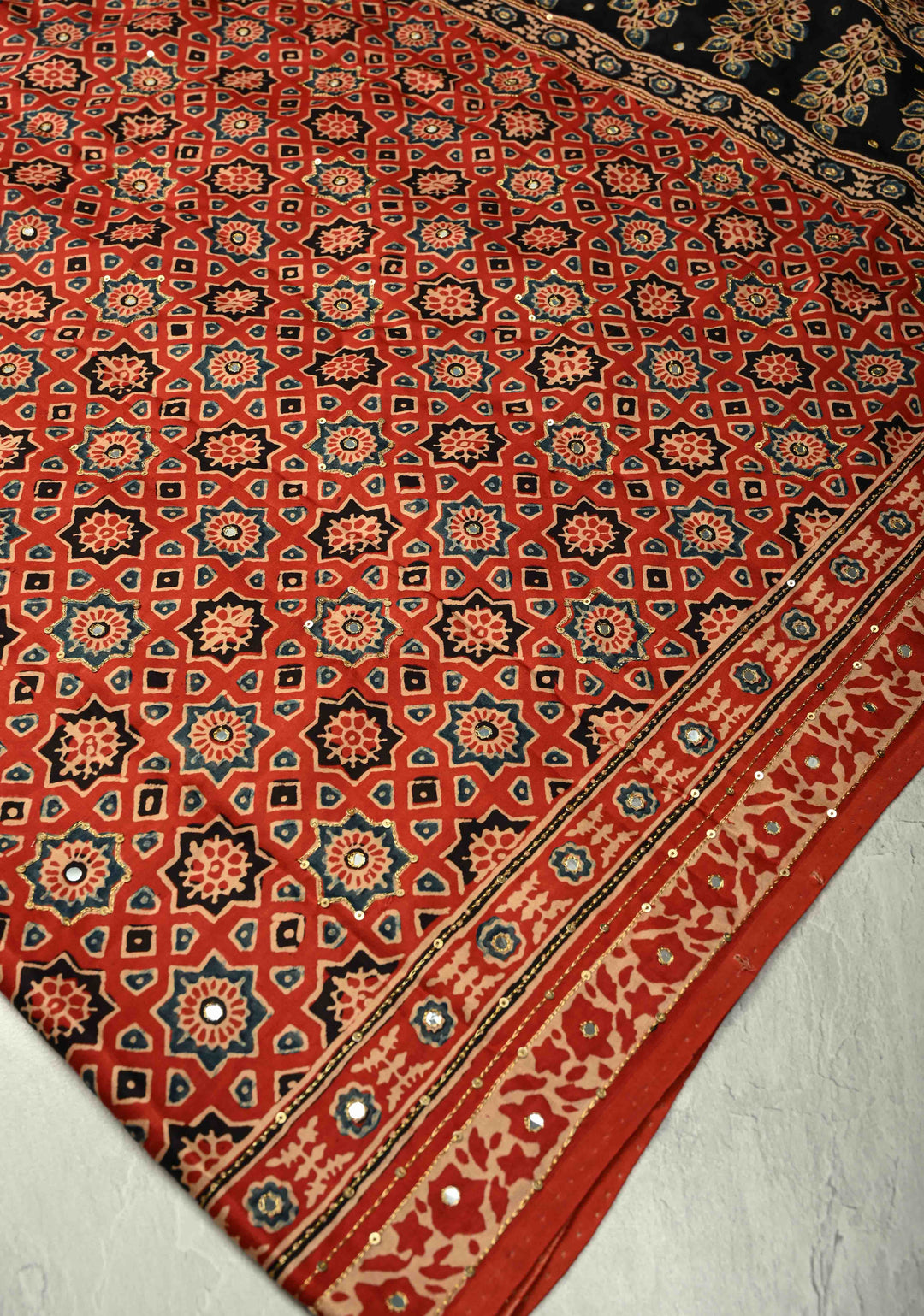 Red Ajrakh Hand Block Print in Red Modal Silk Saree with Aari-Mirror Work and Black Pallu