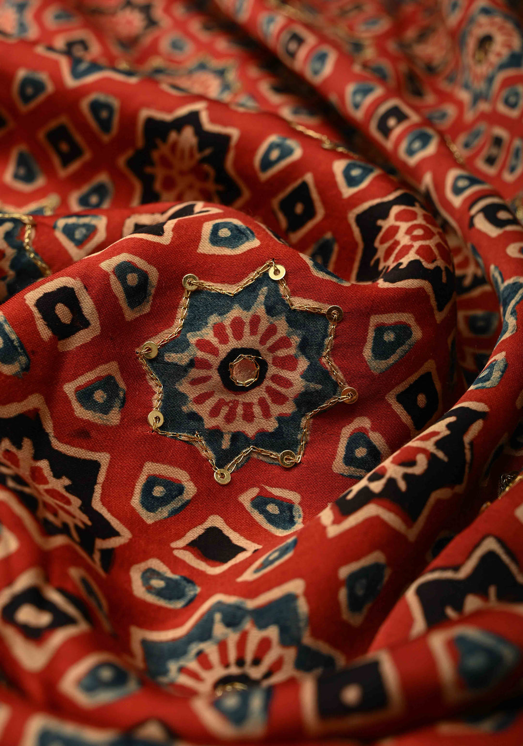 Red Ajrakh Hand Block Print in Red Modal Silk Saree with Aari-Mirror Work and Black Pallu