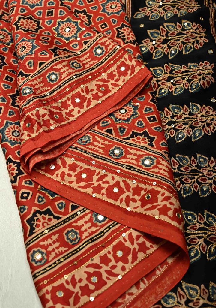 Red Ajrakh Hand Block Print in Red Modal Silk Saree with Aari-Mirror Work and Black Pallu