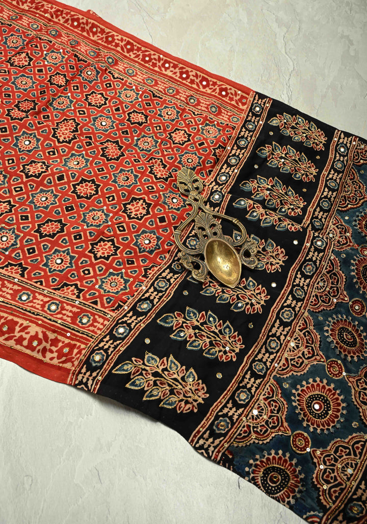 Red Ajrakh Hand Block Print in Red Modal Silk Saree with Aari-Mirror Work and Black Pallu