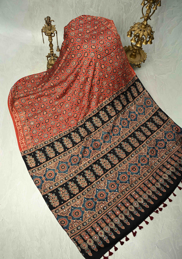 Red Ajrakh Hand Block Print in Red Modal Silk Saree with Aari-Mirror Work and Black Pallu