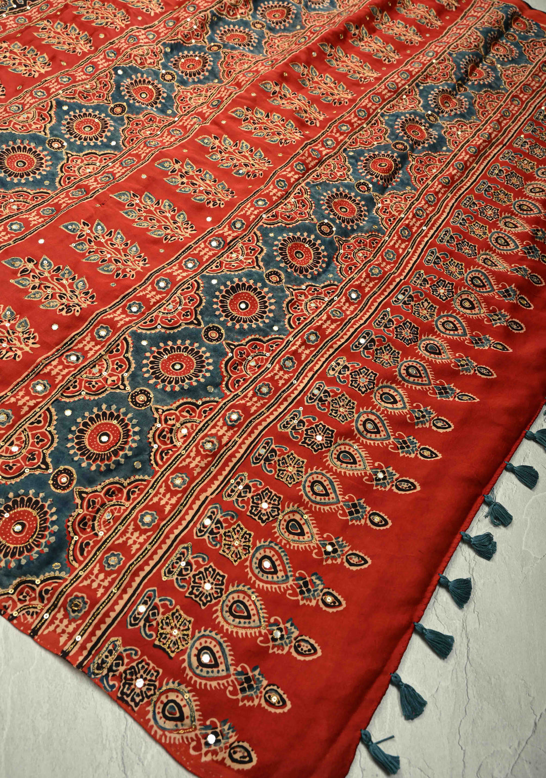 Stunning Black Ajrakh Hand Block Print on Modal Silk Saree with Aari-Mirror Work and Red Pallu