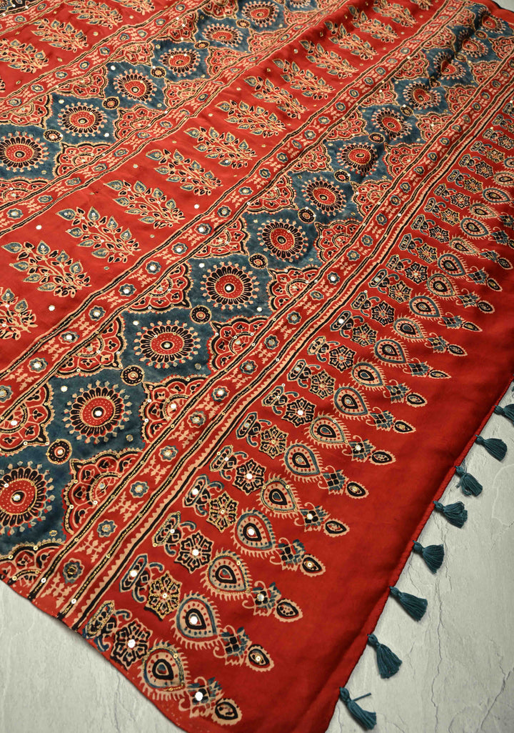 Stunning Black Ajrakh Hand Block Print on Modal Silk Saree with Aari-Mirror Work and Red Pallu
