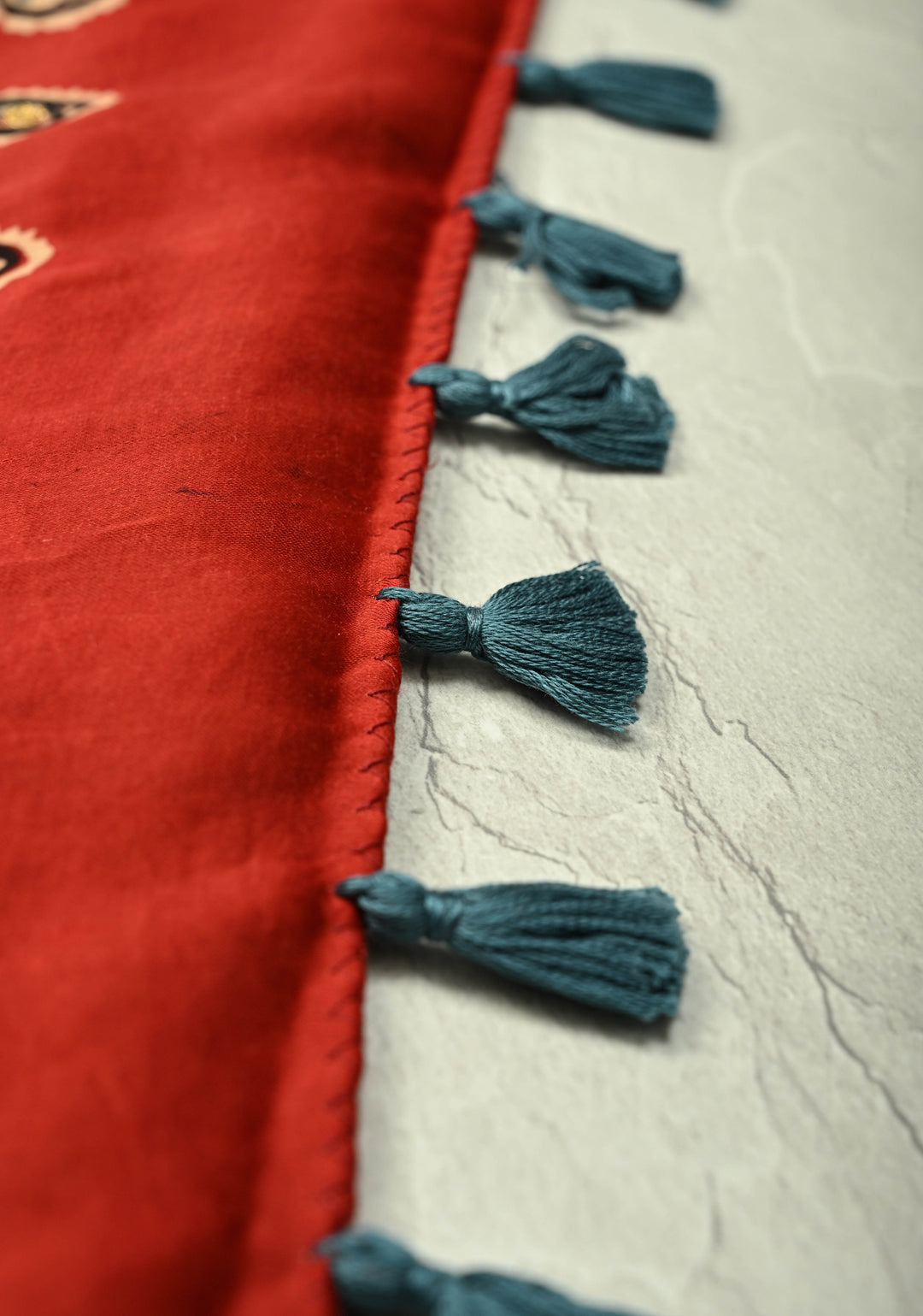 Stunning Black Ajrakh Hand Block Print on Modal Silk Saree with Aari-Mirror Work and Red Pallu