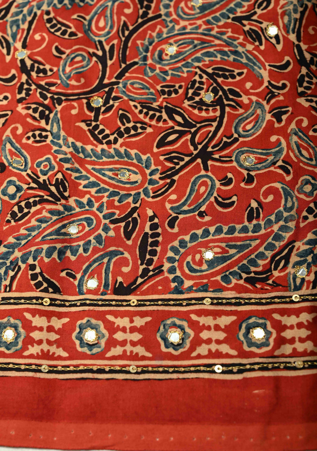 Stunning Black Ajrakh Hand Block Print on Modal Silk Saree with Aari-Mirror Work and Red Pallu