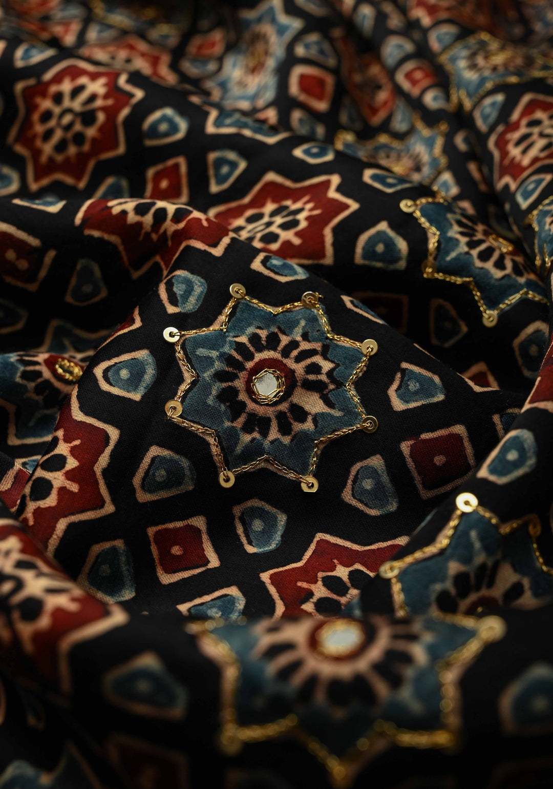 Stunning Black Ajrakh Hand Block Print on Modal Silk Saree with Aari-Mirror Work and Red Pallu