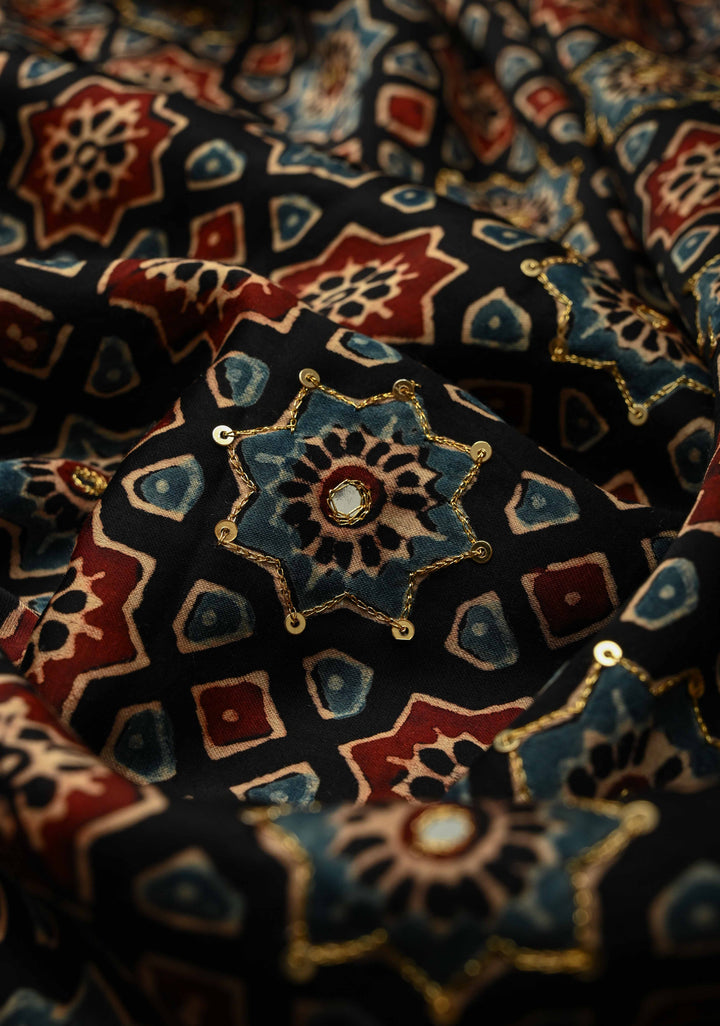 Stunning Black Ajrakh Hand Block Print on Modal Silk Saree with Aari-Mirror Work and Red Pallu