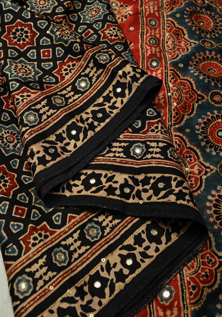 Stunning Black Ajrakh Hand Block Print on Modal Silk Saree with Aari-Mirror Work and Red Pallu