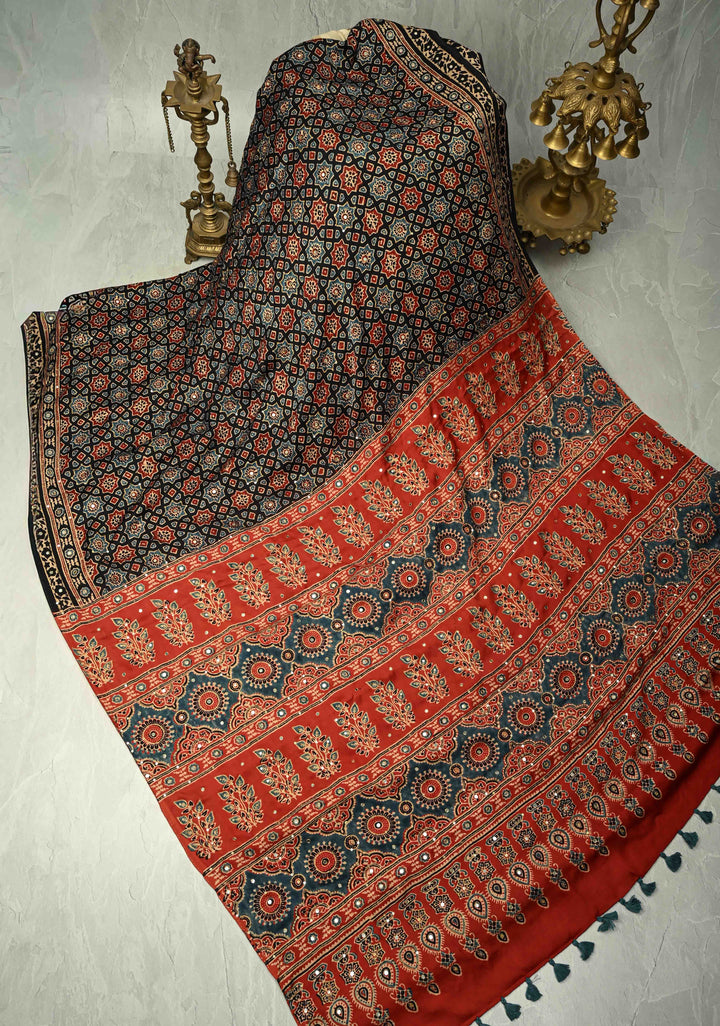 Stunning Black Ajrakh Hand Block Print on Modal Silk Saree with Aari-Mirror Work and Red Pallu
