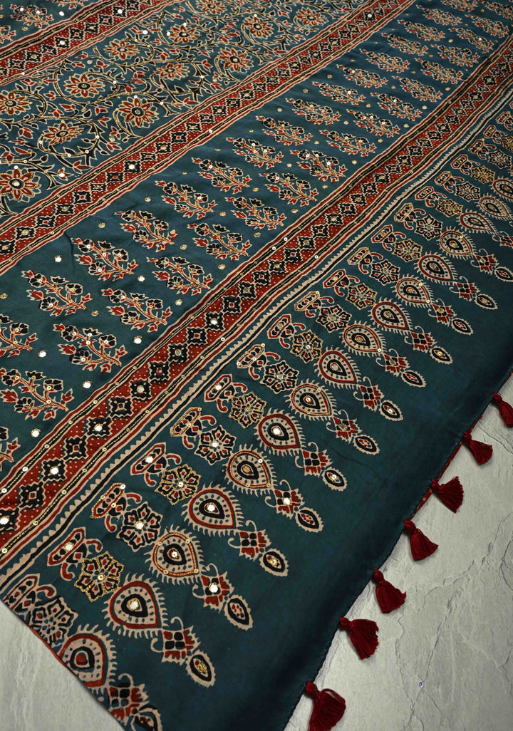 Red Ajrakh Hand Block Print on Modal Silk Saree with Aari-Mirror Work and Blue Pallu