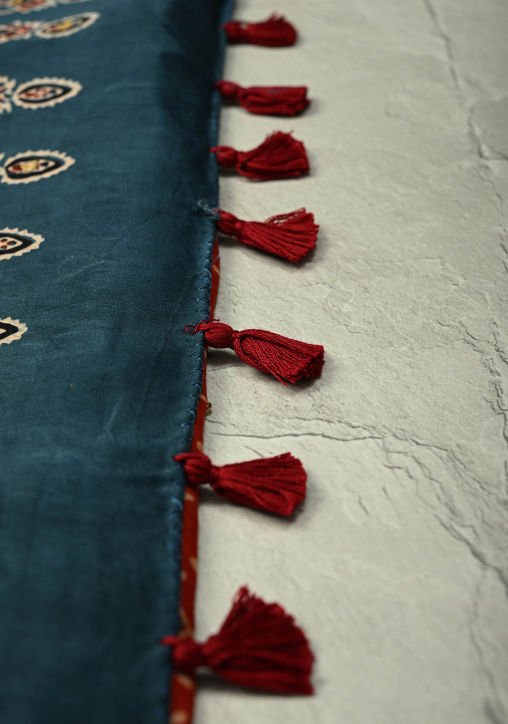 Red Ajrakh Hand Block Print on Modal Silk Saree with Aari-Mirror Work and Blue Pallu