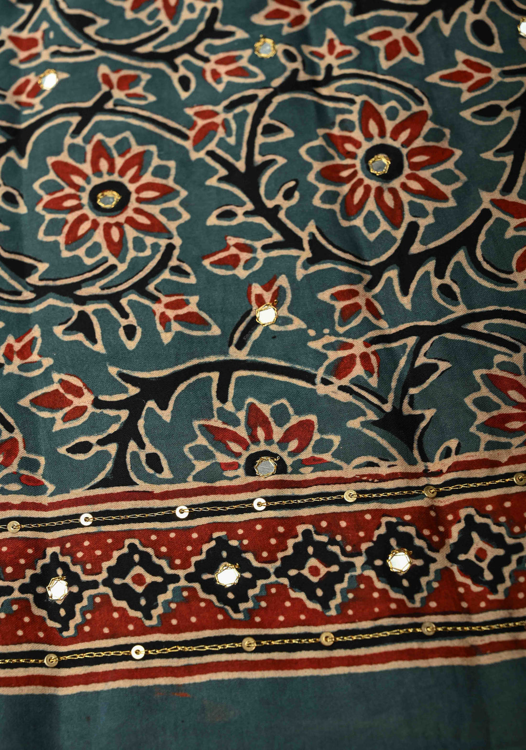 Red Ajrakh Hand Block Print on Modal Silk Saree with Aari-Mirror Work and Blue Pallu