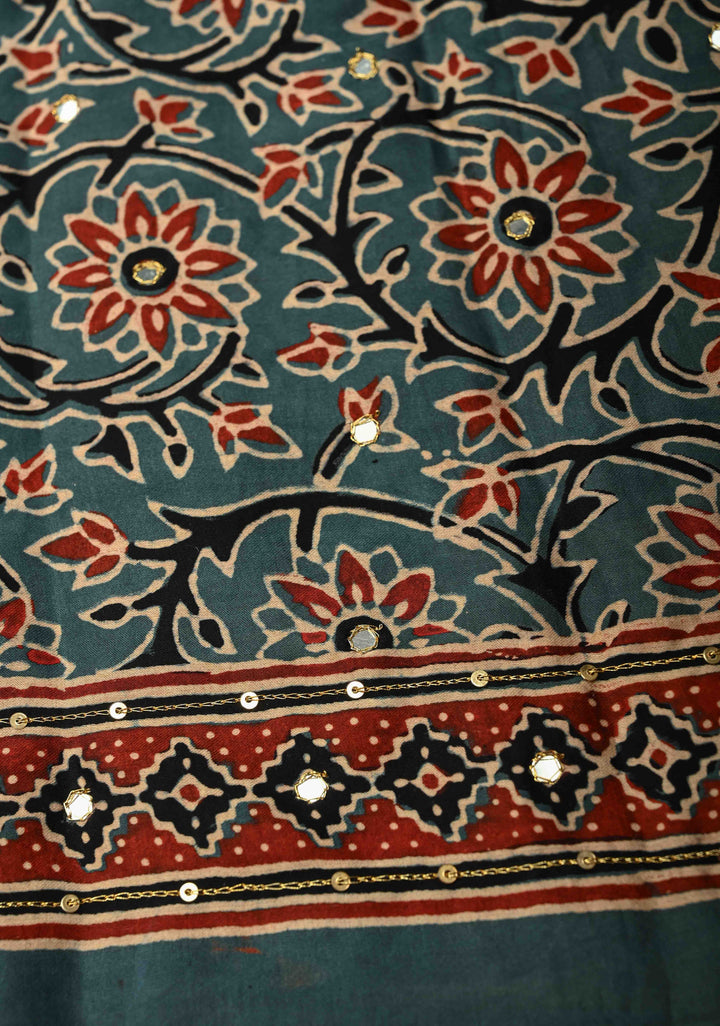 Red Ajrakh Hand Block Print on Modal Silk Saree with Aari-Mirror Work and Blue Pallu