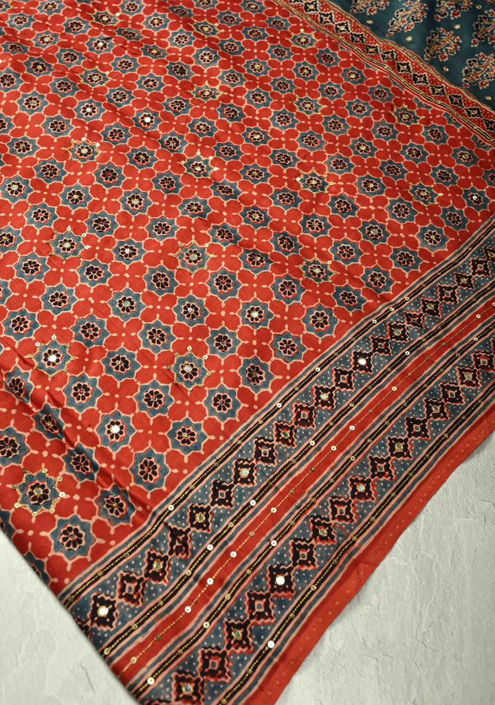 Red Ajrakh Hand Block Print on Modal Silk Saree with Aari-Mirror Work and Blue Pallu