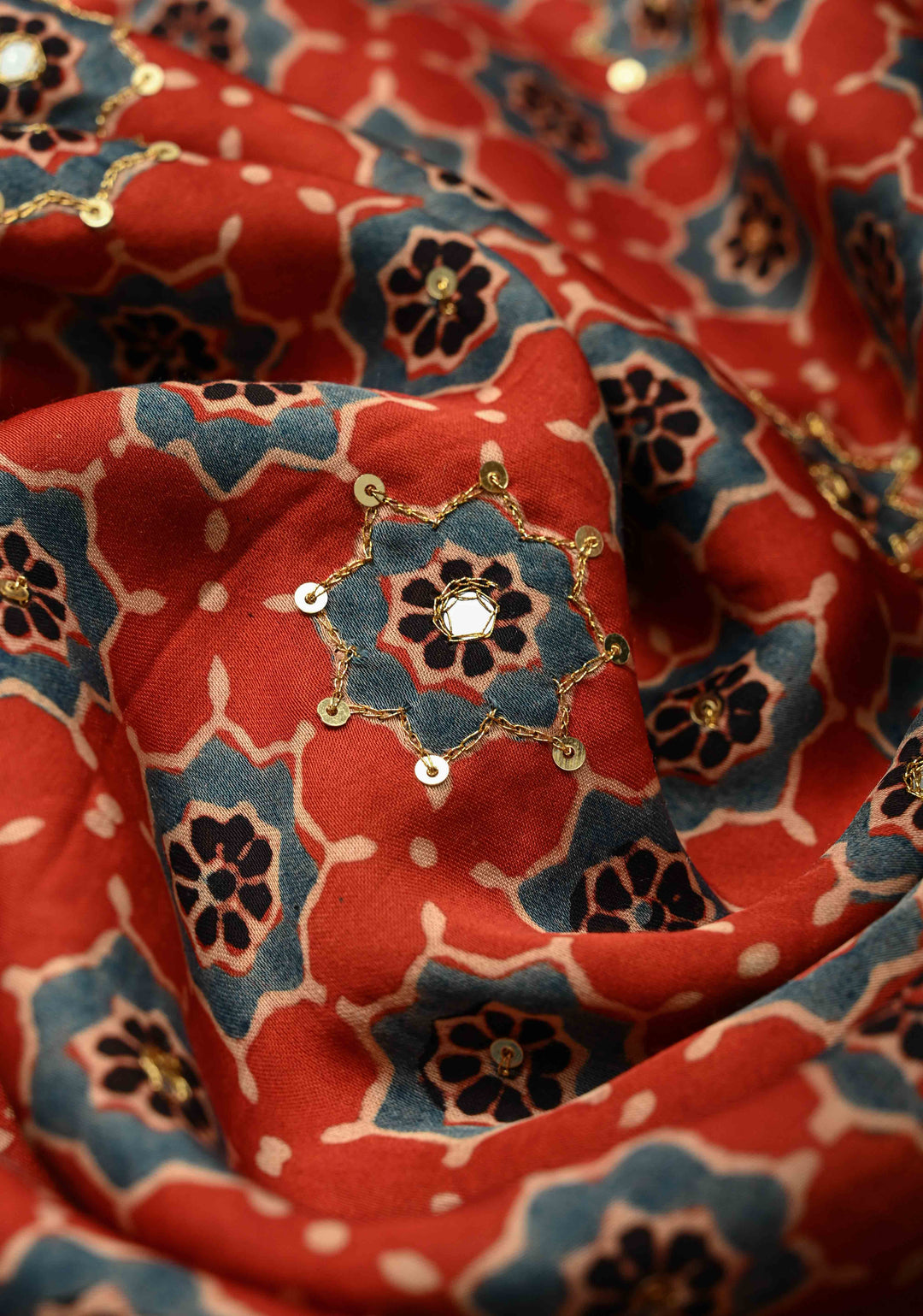 Red Ajrakh Hand Block Print on Modal Silk Saree with Aari-Mirror Work and Blue Pallu