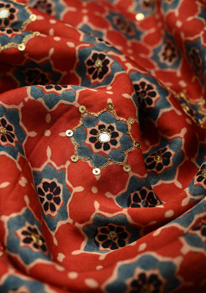 Red Ajrakh Hand Block Print on Modal Silk Saree with Aari-Mirror Work and Blue Pallu