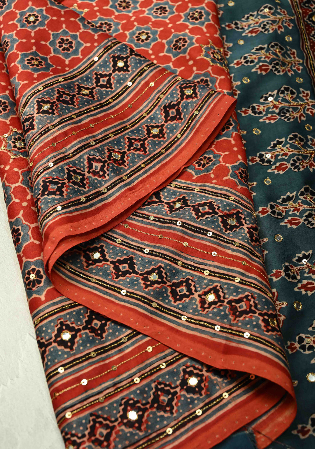 Red Ajrakh Hand Block Print on Modal Silk Saree with Aari-Mirror Work and Blue Pallu