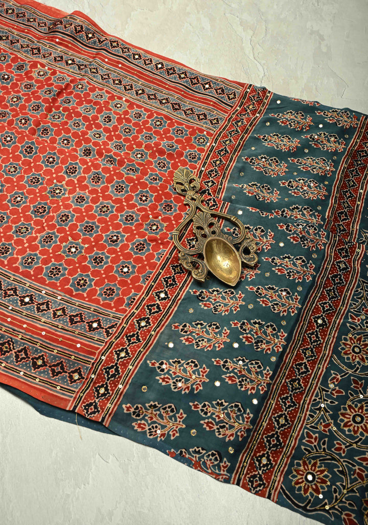 Red Ajrakh Hand Block Print on Modal Silk Saree with Aari-Mirror Work and Blue Pallu