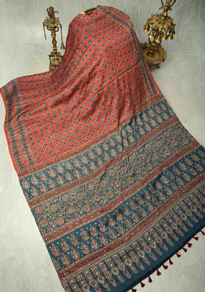 Red Ajrakh Hand Block Print on Modal Silk Saree with Aari-Mirror Work and Blue Pallu