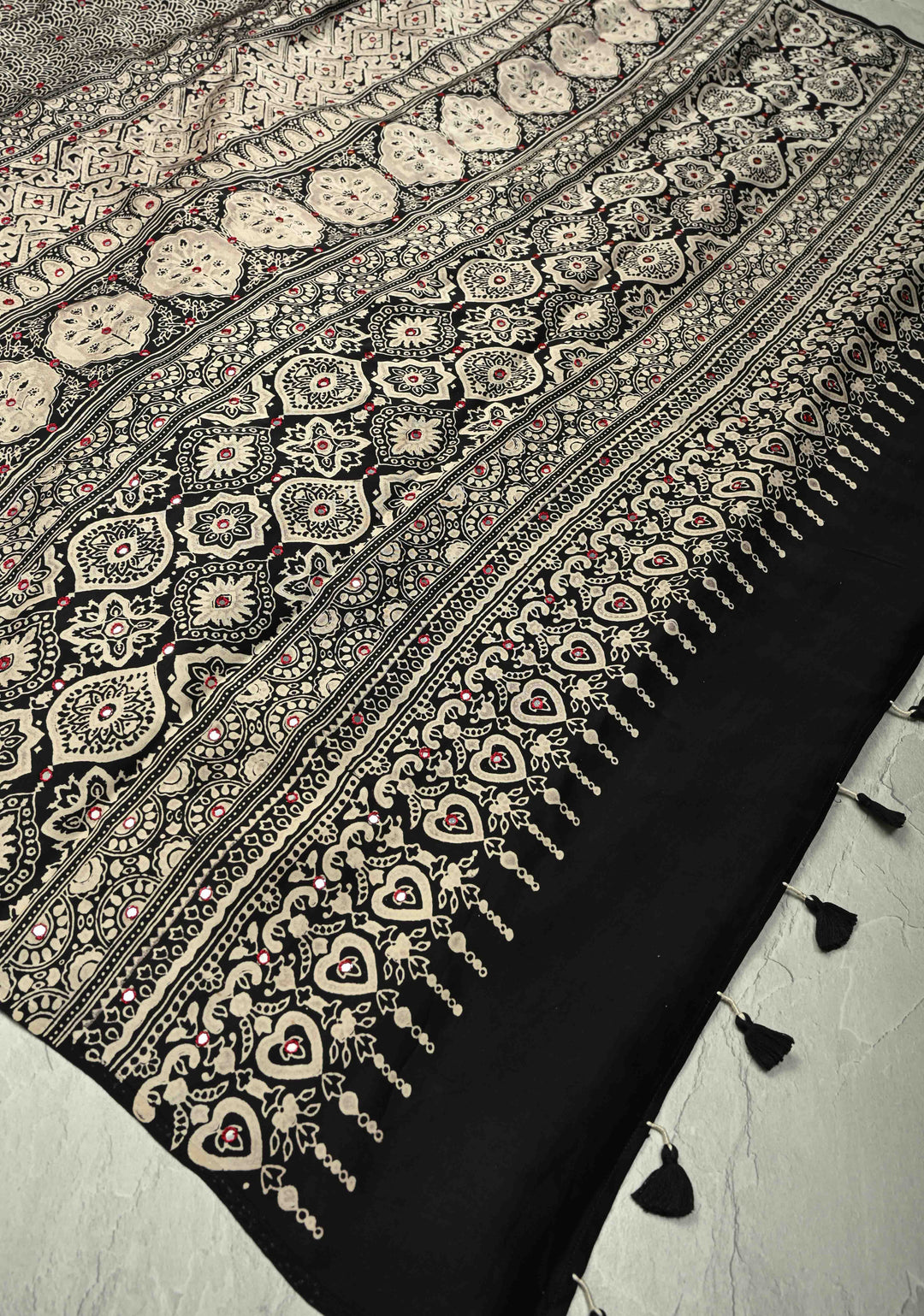 Black-White Ajrakh Hand Block Print on Modal Silk Saree with Tikki Mirror Work