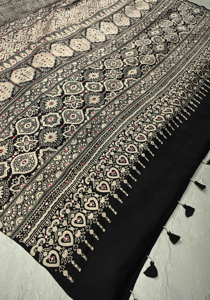 Black-White Ajrakh Hand Block Print on Modal Silk Saree with Tikki Mirror Work
