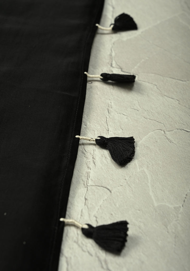 Black-White Ajrakh Hand Block Print on Modal Silk Saree with Tikki Mirror Work