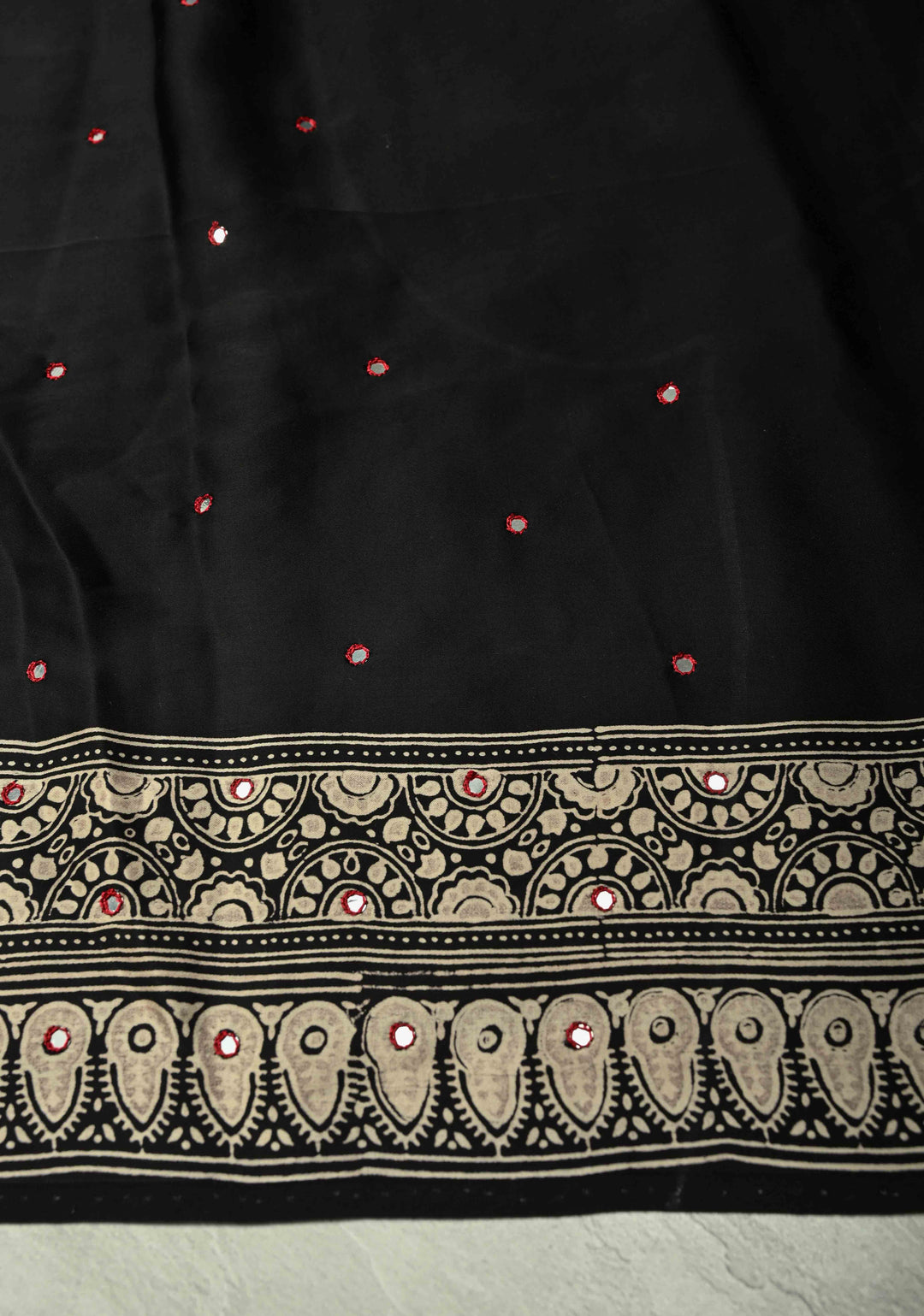 Black-White Ajrakh Hand Block Print on Modal Silk Saree with Tikki Mirror Work