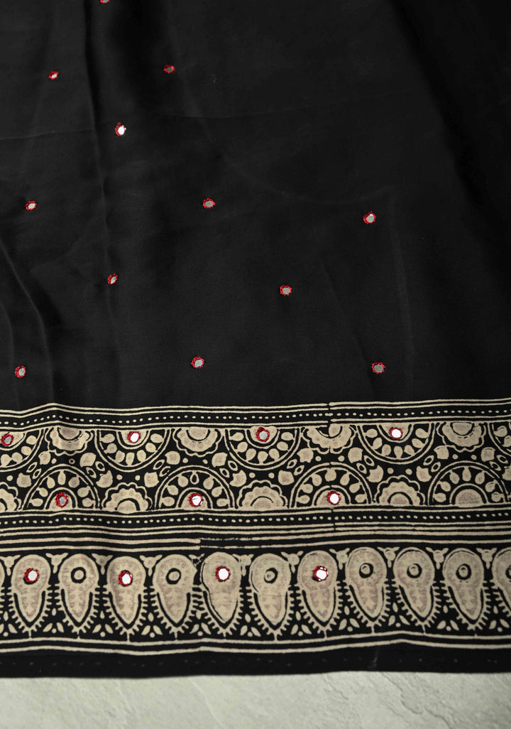 Black-White Ajrakh Hand Block Print on Modal Silk Saree with Tikki Mirror Work