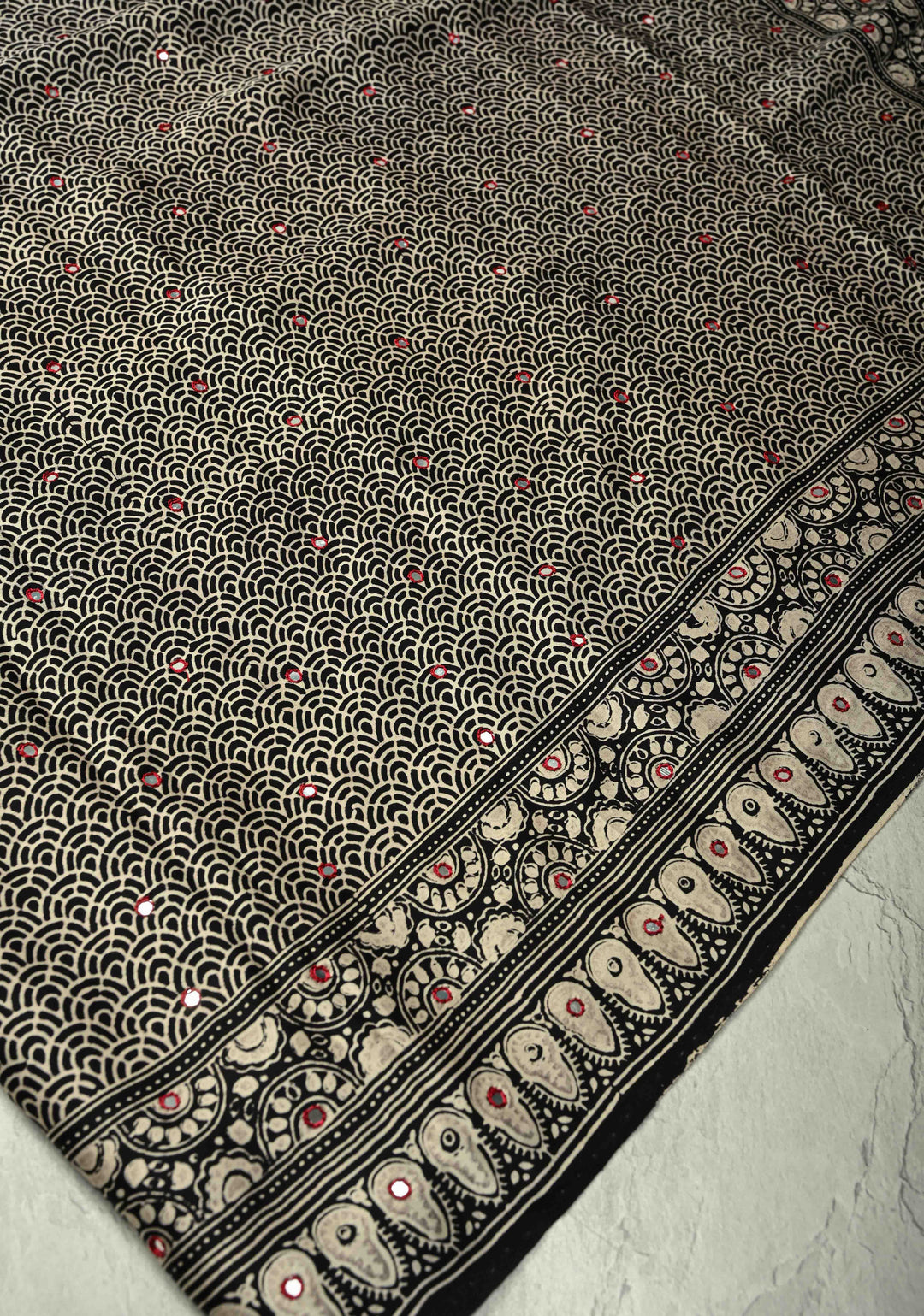 Black-White Ajrakh Hand Block Print on Modal Silk Saree with Tikki Mirror Work