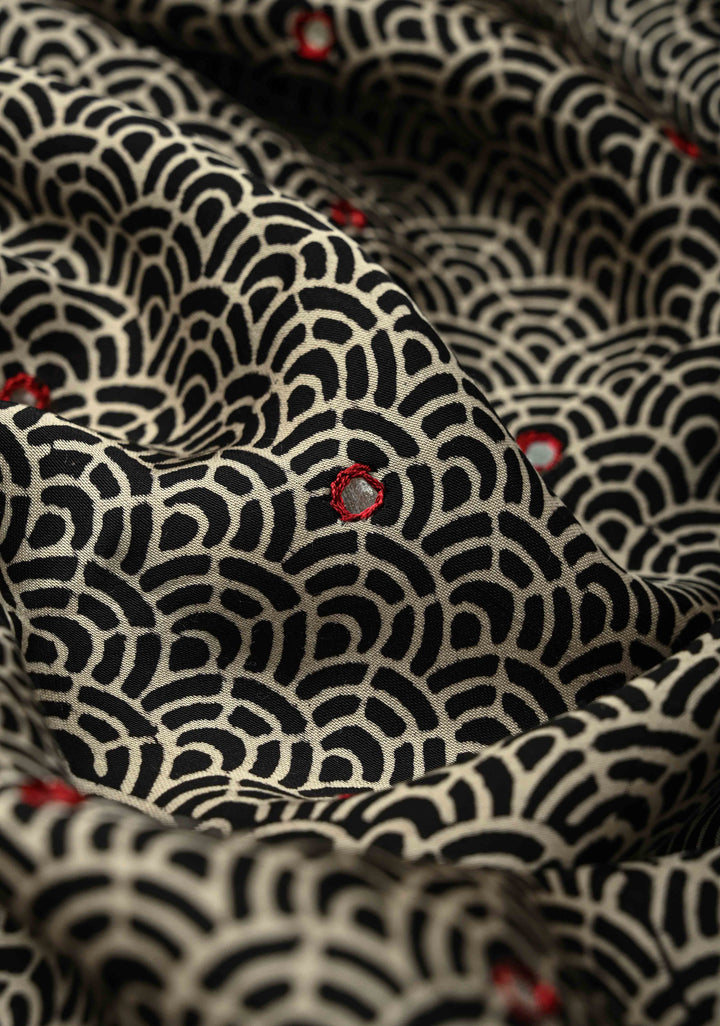 Black-White Ajrakh Hand Block Print on Modal Silk Saree with Tikki Mirror Work