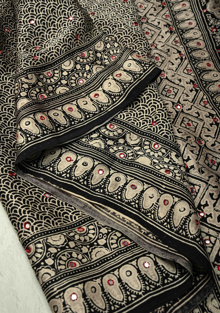 Black-White Ajrakh Hand Block Print on Modal Silk Saree with Tikki Mirror Work