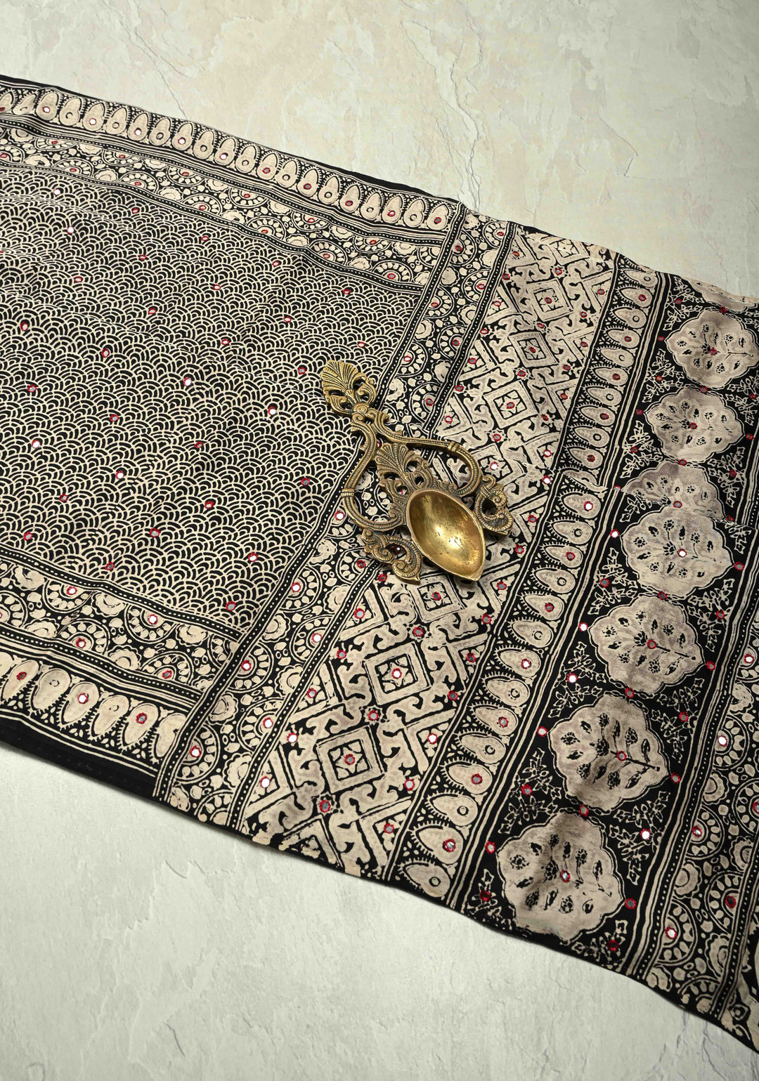 Black-White Ajrakh Hand Block Print on Modal Silk Saree with Tikki Mirror Work