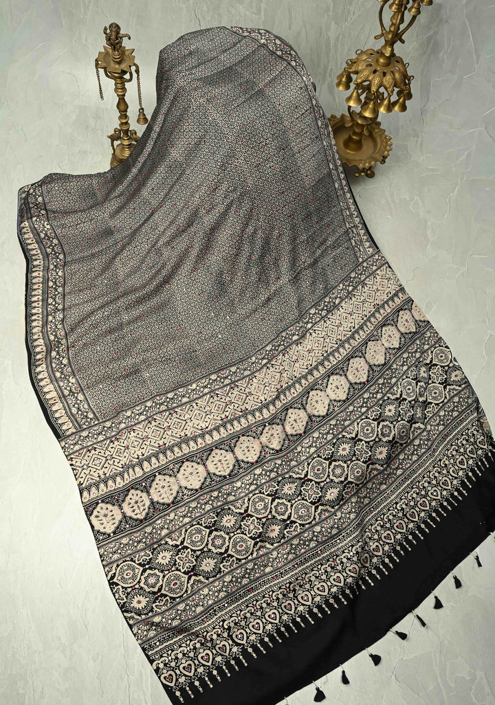 Black-White Ajrakh Hand Block Print on Modal Silk Saree with Tikki Mirror Work